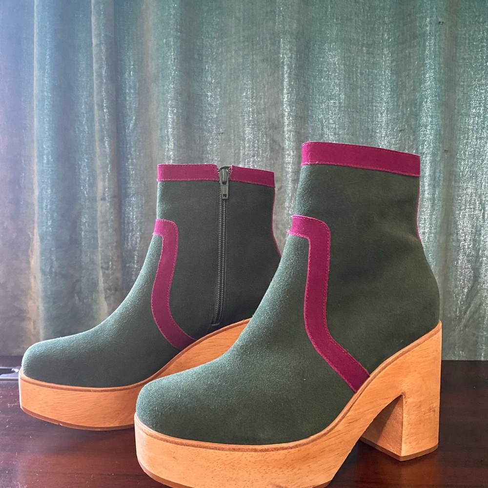 Stunning Charlotte Stone Green and Magenta Platform Ankle Boots - Women Shoes